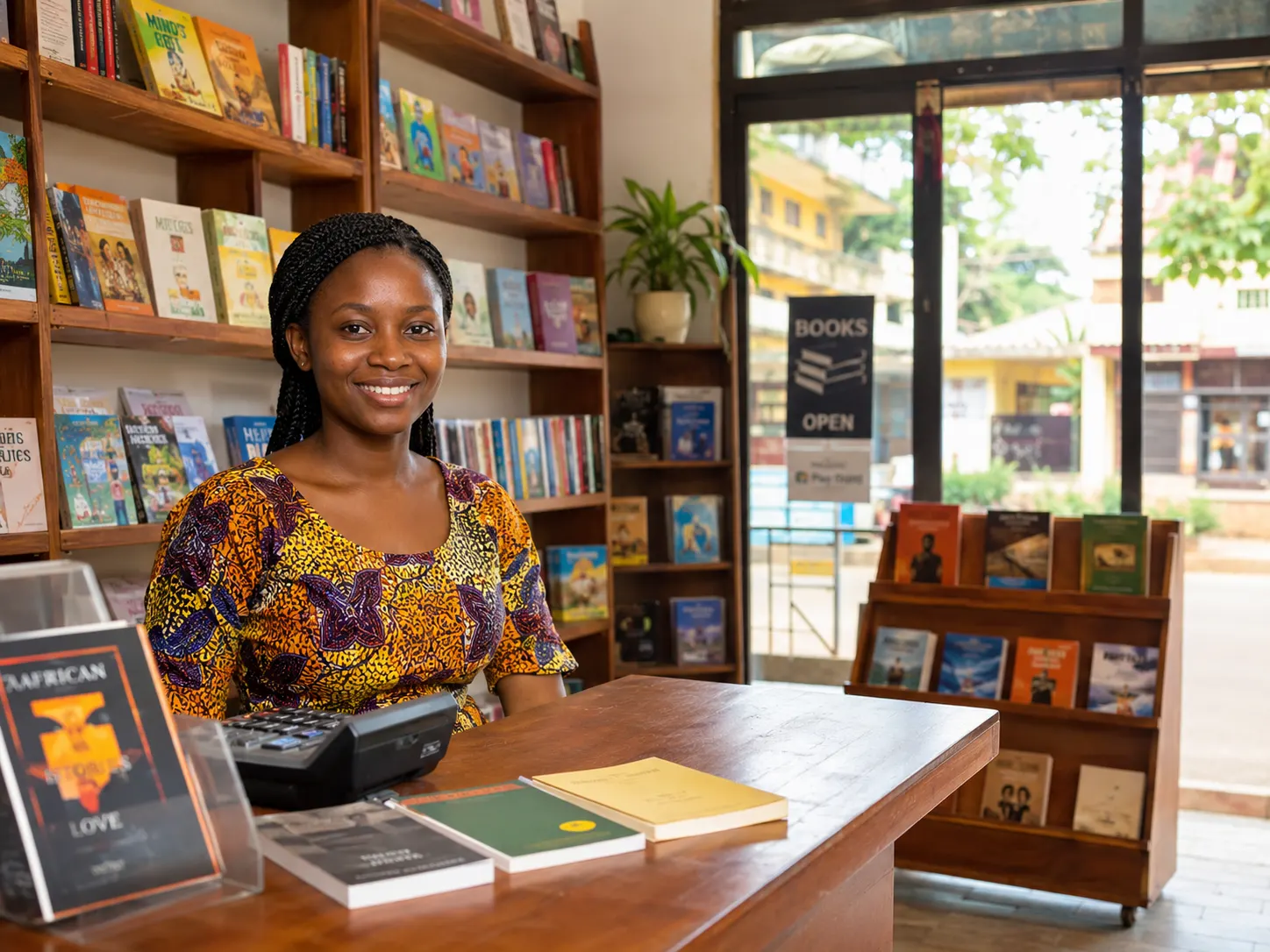 Smiling young woman in an African-print top behind the counter of a bookshop full of colourful books