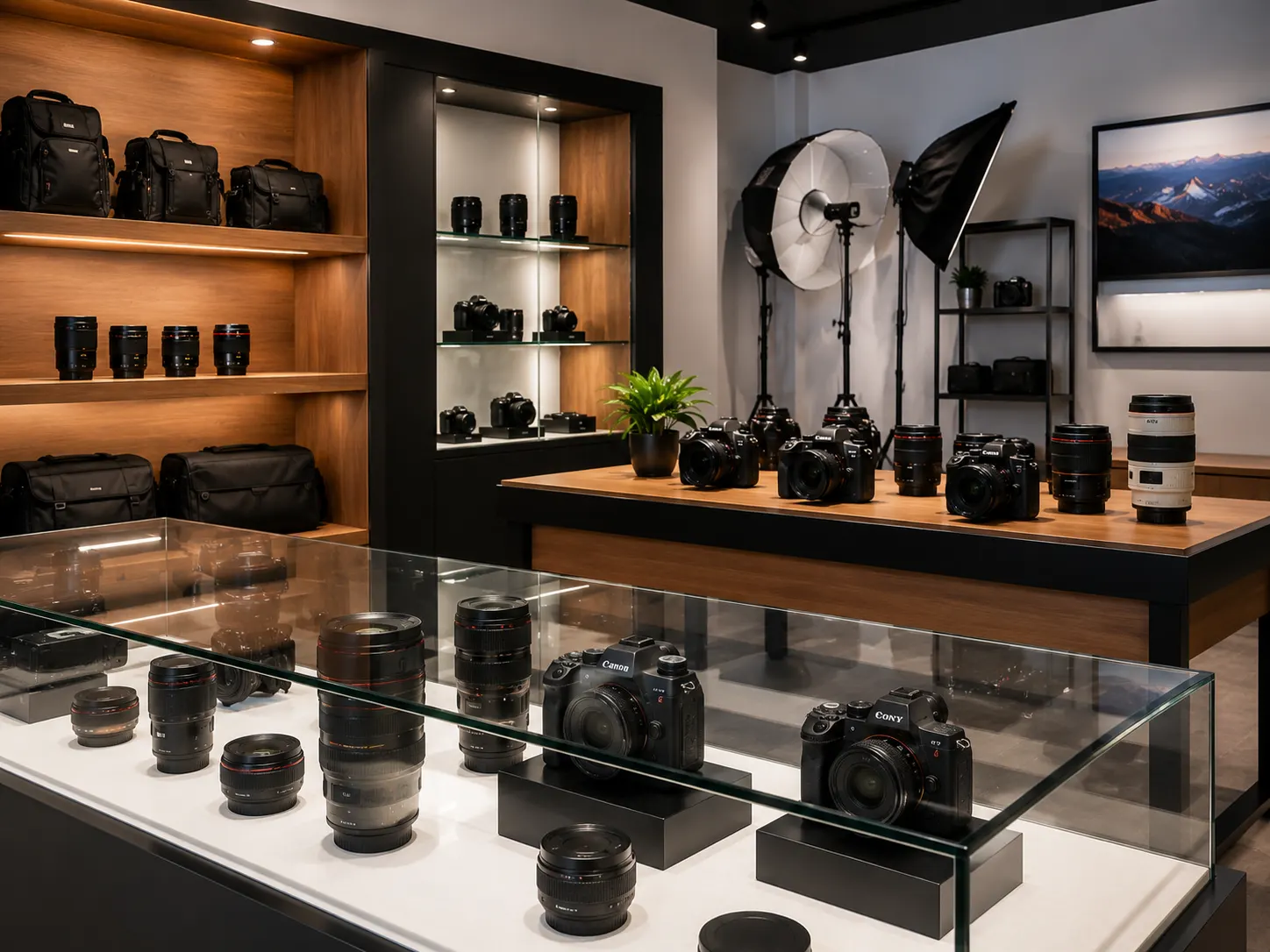 Camera shop interior with DSLR cameras and lenses in a glass display case under studio softbox lights