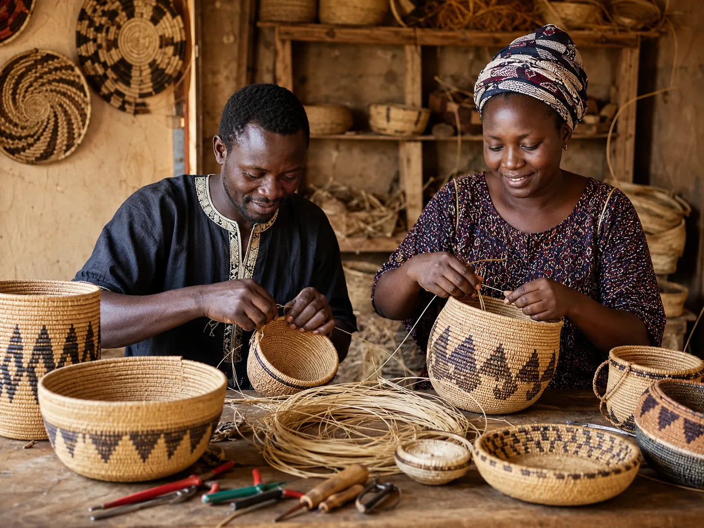 Two African artisans hand-weaving traditional patterned sisal baskets surrounded by finished woven baskets