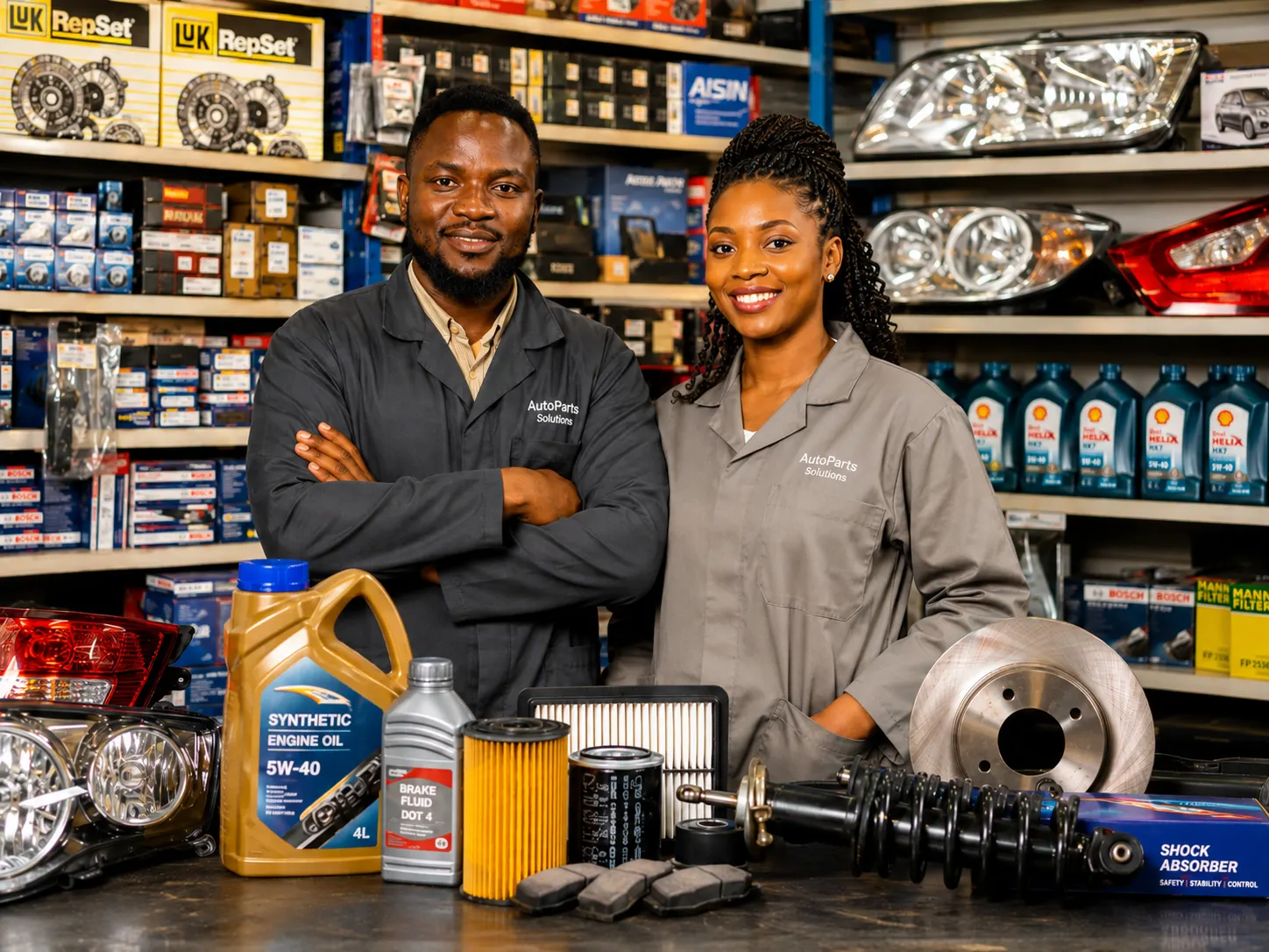 Two auto parts shop owners in branded work coats behind a counter of car spare parts, engine oil and filters