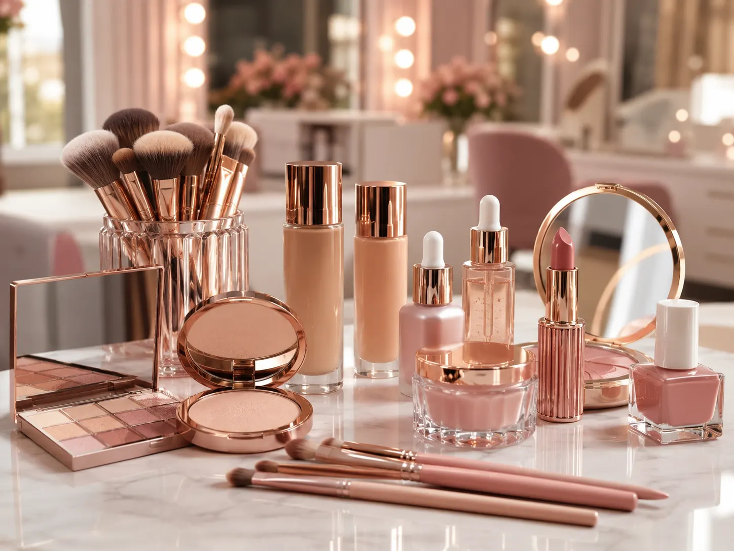 Rose-gold makeup and skincare products with brushes, foundation and palette arranged on white marble