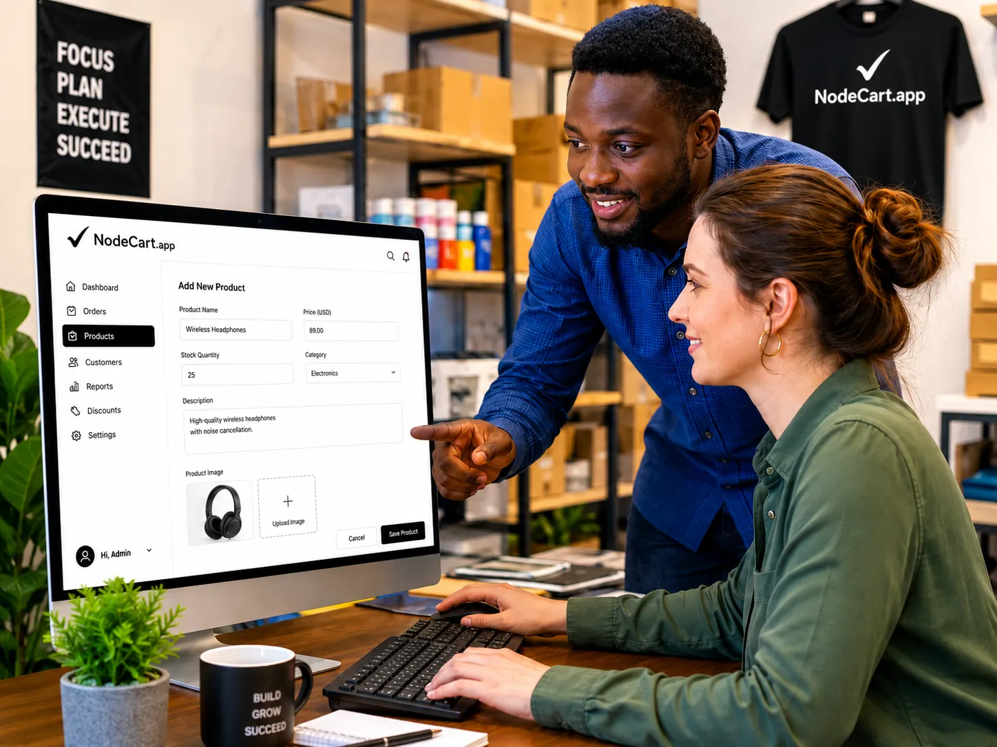 Two sellers adding a product on the NodeCart admin dashboard in a small fulfilment workspace