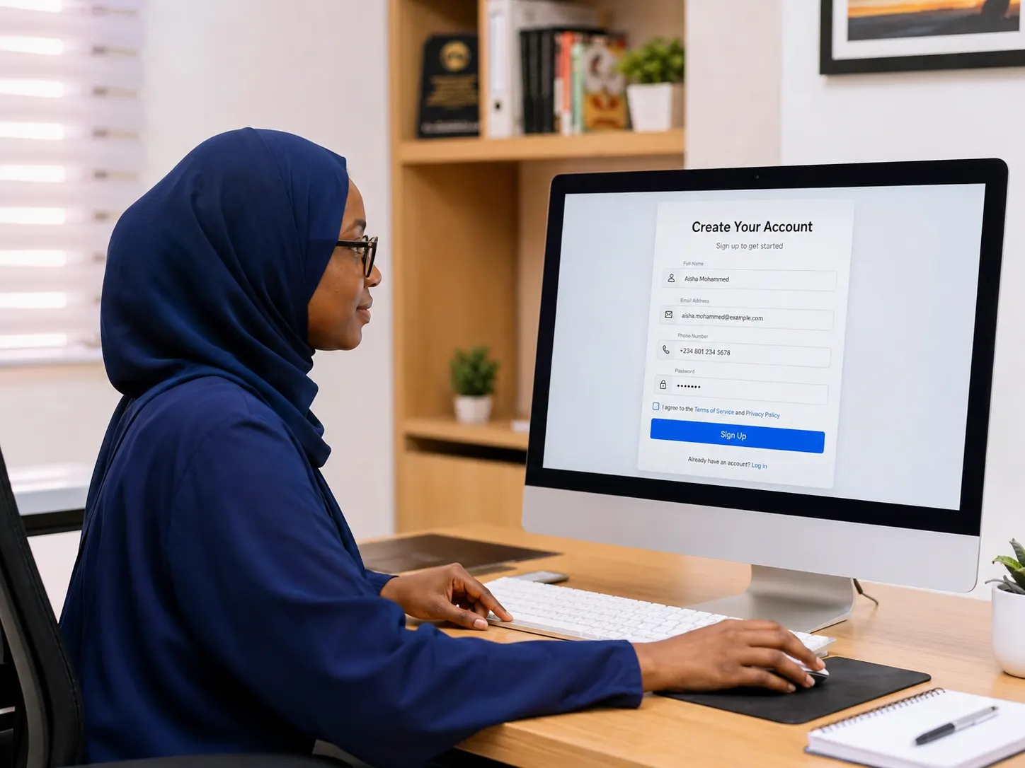 Woman signing up on a “Create your account” form on a desktop while setting up an online store
